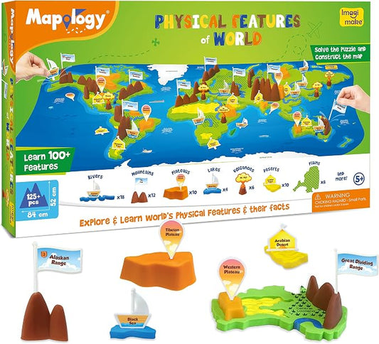 Imagimake Mapology Physical Features of World, Geography Game for Kids 8+ | Educational 3D Jigsaw Puzzle, Learn Mountains, Rivers & Volcanoes, Back to School Gift for Kids Ages 8,9,10,11,12 Years Old