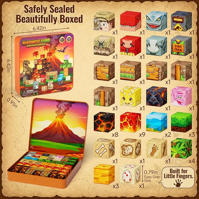 burgkidz Dinosaur Volcano Magnetic Blocks: 360g Portable Tin Case, N32 Strong Magnets, 4-Scene Storybook – Quiet STEM Travel Toy for Road Trip & Airplane, 49 PCS Building Set, Gift for Kids Ages 3-8