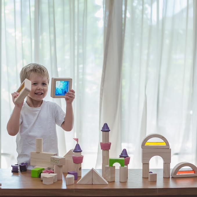 PlanToys® Water Blocks Wooden Montessori Sensory and STEM Building Toy | Light, Colour, Creativity and Fine Motor Skill Development | Eco Friendly Open Ended Learning Activity