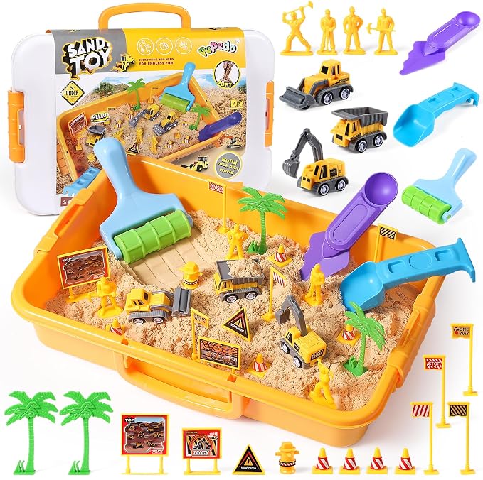 Construction Sensory Bin, 3.3lbs Sensory Sand, Play Sand for Kids 3+ | Sand Construction Site Kit, Construction Trucks, Traffic Signs, Worker Figures, Pretend Play Sand Toys for Boys Ages 3+