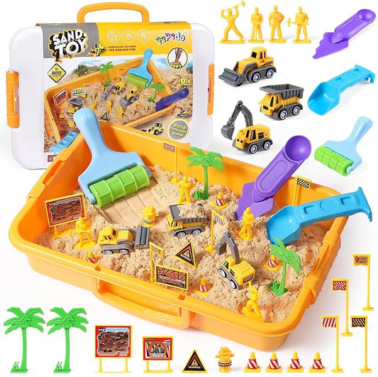 Construction Sensory Bin, 3.3lbs Sensory Sand, Play Sand for Kids 3+ | Sand Construction Site Kit, Construction Trucks, Traffic Signs, Worker Figures, Pretend Play Sand Toys for Boys Ages 3+