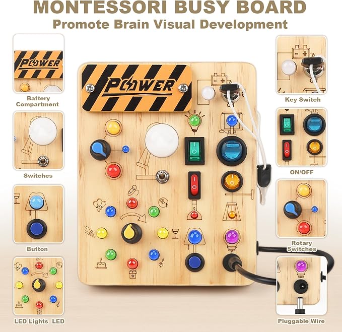 LED Busy Board for Toddlers - Montessori Sensory Toys for 1 2 3 Years Old | 10 Switches & 19 LED Lights, Wooden Activity Board for Fine Motor Skills, Screen-Free Travel Toy, Birthday Gift for Kids