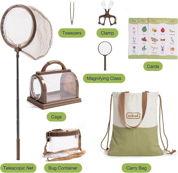 ROBUD Bug Catcher for Kids, Bug Catcher Kit with Bag Kit, Outdoor Exploration Set for Camping, Montessroi Toy for Kids Coming Closer to Nature，WRP07