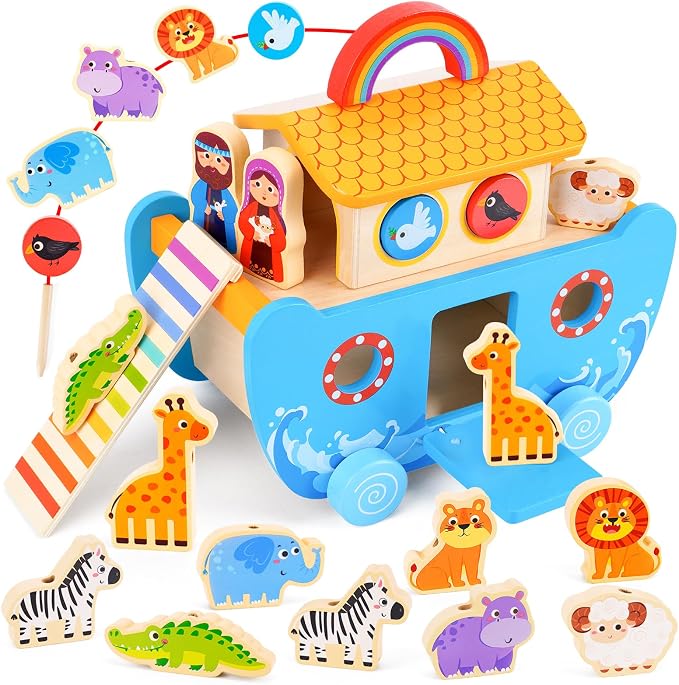 ATOYUS Wooden Noah's Ark Toy for 2+ Year Old Kids Boy and Girl Baptism Gift | Montessori Educational Toy with Animal Shape Sorter, Christian Bible Story Book for Kids Ages 2-4, Christmas Birthday Gifts