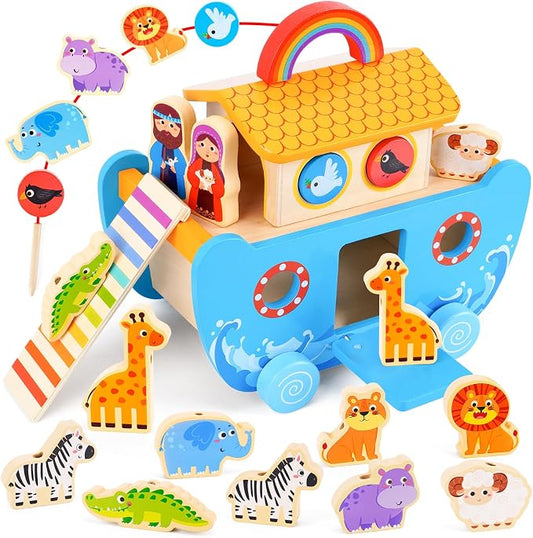 ATOYUS Wooden Noah's Ark Toy for 2+ Year Old Kids Boy and Girl Baptism Gift | Montessori Educational Toy with Animal Shape Sorter, Christian Bible Story Book for Kids Ages 2-4, Christmas Birthday Gifts