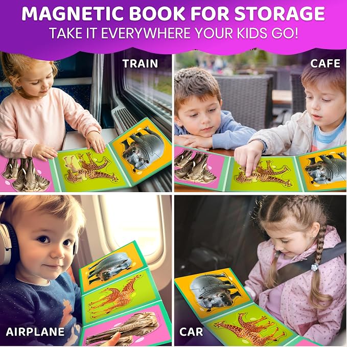 QUOKKA Step Up Magnetic Puzzles for Toddlers 1-3, Safari Animals Puzzle Set in One Book, Travel Games for Kids 3-5, Screen Free Toy for Toddlers and Preschoolers