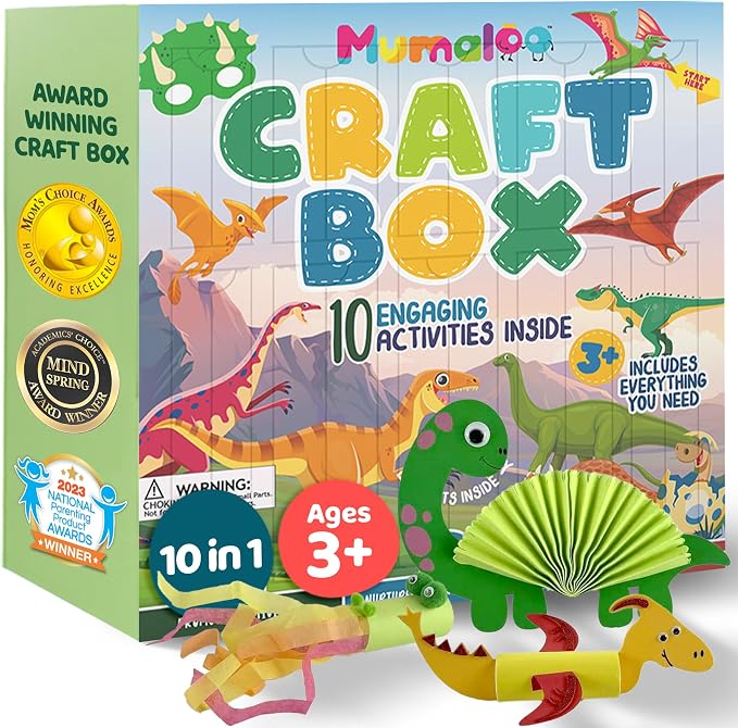 Mumaloo Kids Craft Kit – 10 Dinosaur Art Activities, Ages 4–8 | No-mess dinosaur crafts for boys and girls | Preschool toddler homeschool set | Includes all supplies | Ages 3 4 5 6 7 8