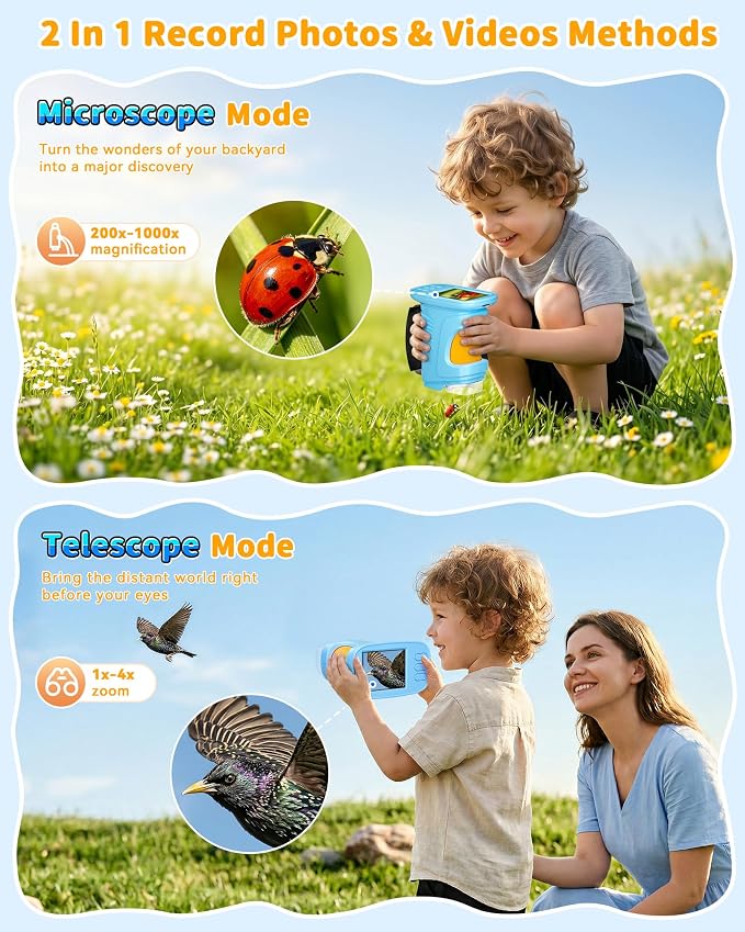 1000X Kids Handheld Microscope, 4K Digital Mini Pocket Digital Microscope with 2.4" IPS Screen, Built-in Camera & 12 Prepared Slides, STEM Educational Toy, Birthday Gift for Boys & Girls Ages 3–12