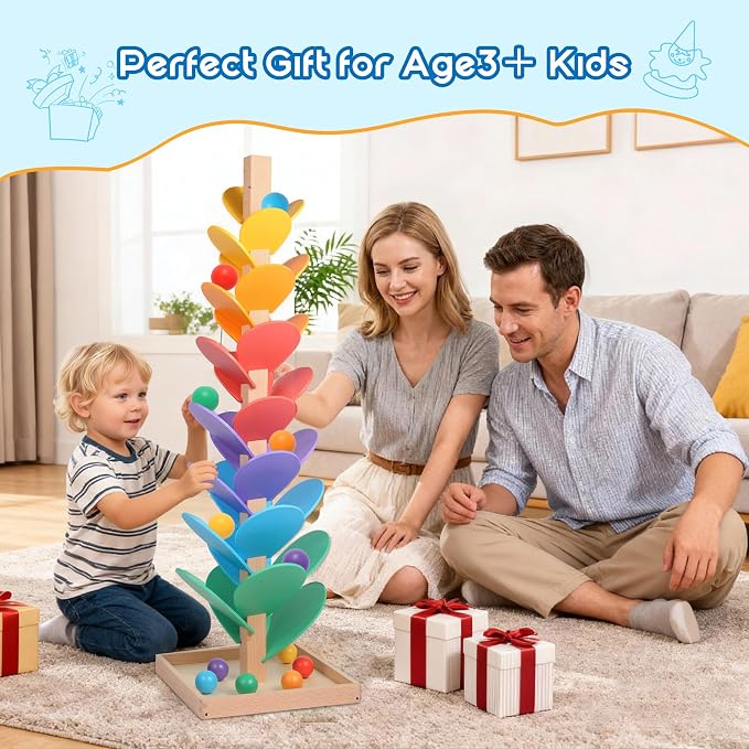 Gotoofun Wooden Marble Run Music Tree Includes Extra-Large 3cm Marbles Ball | Tumble Leaf Montessori Rainbow Singing Tree with Sound, Color Sorting STEM Learning Toy, Gift for Kids