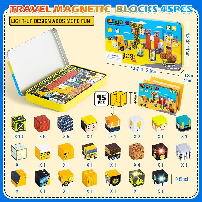 45PCS Magnetic Blocks for Kids with Portable Iron Box Construction | Mini Cubes, Travel Essentials for Airplane, Car, Ride Road Trip, STEM Learning Toy Gift Idea for Toddlers Boys, Girls Ages 3+