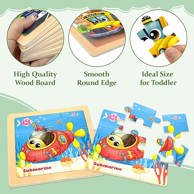 Wooden Vehicle Puzzles for Toddlers, 8 Pack 9 PCS Jigsaw Puzzles for Kids | Wooden Puzzles for Toddlers 3-5, Vehicle Puzzles for Kids 3-5, Preschool Puzzles Learning Educational Sets Toys