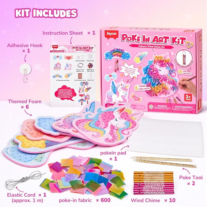 JoyCat Poke Art Wind Chime Craft Kit for Kids, 6 Magical Figures | Poke colorful fabric into 6 magical figures, then add chime pieces to create hanging room decor with gentle sound.