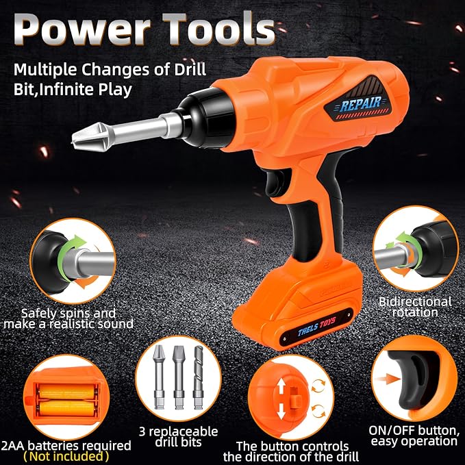 48 PCS Realistic Kids Tool Set with Hard Toolbox & Battery Powered Toy Drill, Pretend Play Toddler Tool Kit Construction Toys with Hard Hat for Boys & Girls Age 3-8