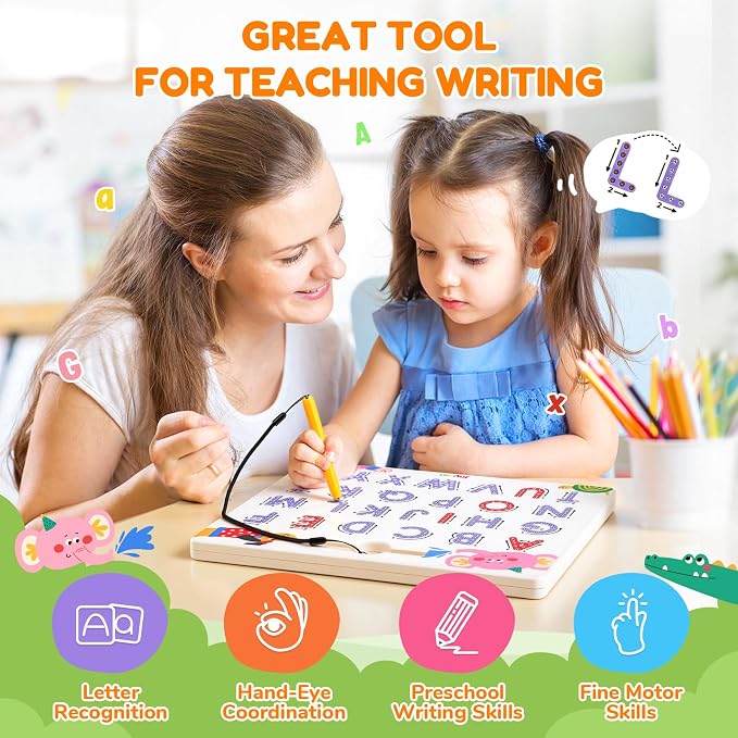 JoyCat Magnetic Animal Letter Tracing Board, Double-Sided ABC Writing Toy | Uppercase/lowercase writing practice builds preschool skills; road trip car activities for toddlers and kids ages 3-5.