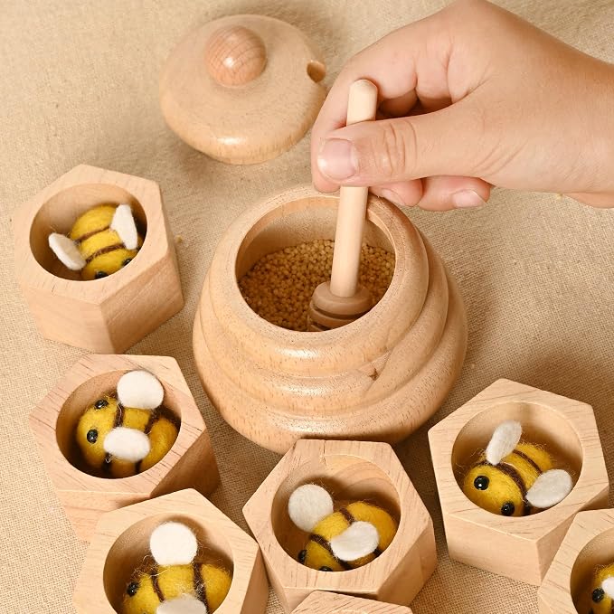 2pcs Wooden Beehive Toys with lid and Honey Stick | Sorting Stacking Toys for Toddlers Montessori Wooden Toy for Toddlers, Sensory Bin Toys for 3 4 5 Years Old