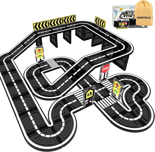 Goodtiles Magnetic Tiles Road Set, STEM Magnetic Building Blocks for Kids Ages 3-5 4-8 5-7, Preschool Learning Sensory Kids Toys for Kids Birthday