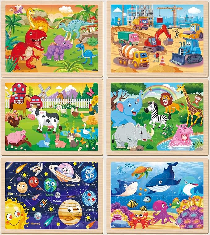 Wooden Puzzles for Kids Ages 4-6, 6 Packs 24 Pcs | Jigsaw Puzzles Preschool Educational Toys Gifts for Children Ages 3 4 5 6 Year Old Kids Puzzles Ages 3-5 Year Olds Boys Girls