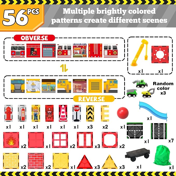 Magnetic Tiles Fire Truck Set,Magnet Blocks for Kids Ages 4-8 Boy STEM Toys | City Fire Rescue Station,Firefighter Pretend Play, Crane, Road,Car,Construction Building Toys for 4-8 Year Old Birthday Gifts