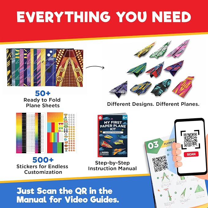Doctor Jupiter Paper Airplane Book Kit for Kids Ages 4+, Craft Toy | Birthday Gift Ideas for Boys & Girls Ages 4,5,6,7,8,9,10, Origami Kit, STEM Learning Toy, 50+ Planes, 500+ Stickers