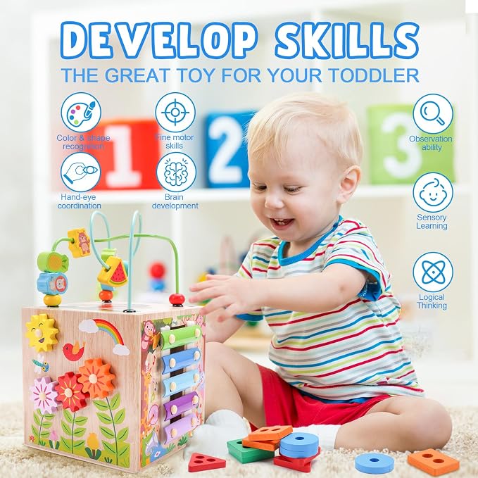 Wooden Activity Cube | Montessori Toys for 1 2 3 Year Old Toddler Gifts | One Year Old 1st First Birthday Gift | Educational Toys for 12+ Months Baby Boys Girls | Bonus Sorting & Stacking Game (Blue)