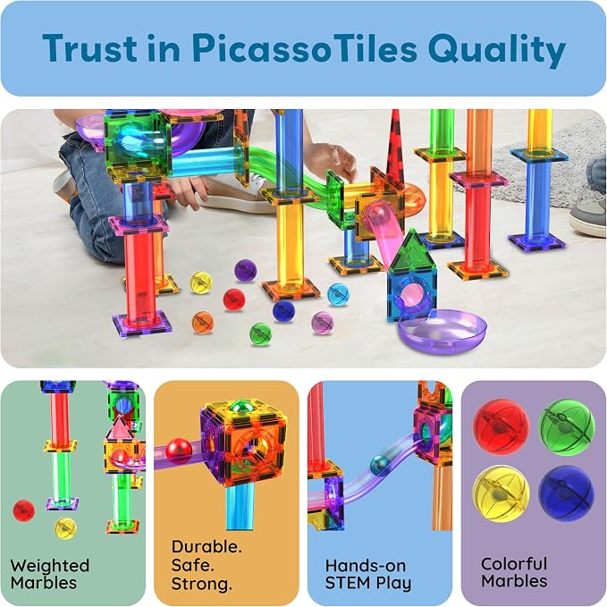 PicassoTiles Marbles for Magnetic Block Tiles Race Track Building Maze Set | STEM educational interactive learning kit, vibrant replacement balls, smooth rolling action spheres, safe plastic, ages 3+