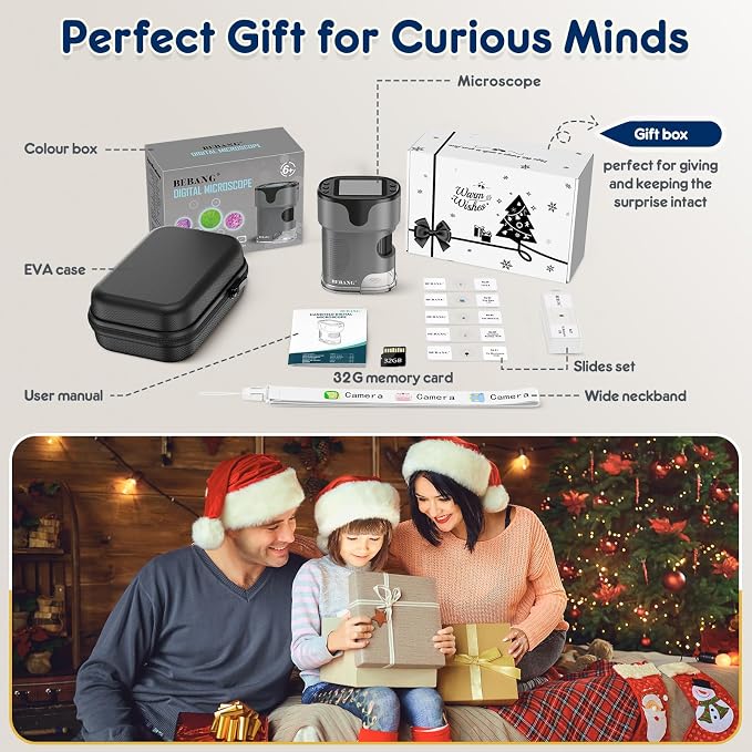 Kids Digital Microscope Science Gift: Complete STEM Toy Kit for Ages 4-12 | 32GB Card for Photos & Video / Custom EVA Case / Real Glass Slides / Upgraded 3mm Slide Slot / 2.5H Rechargeable Use