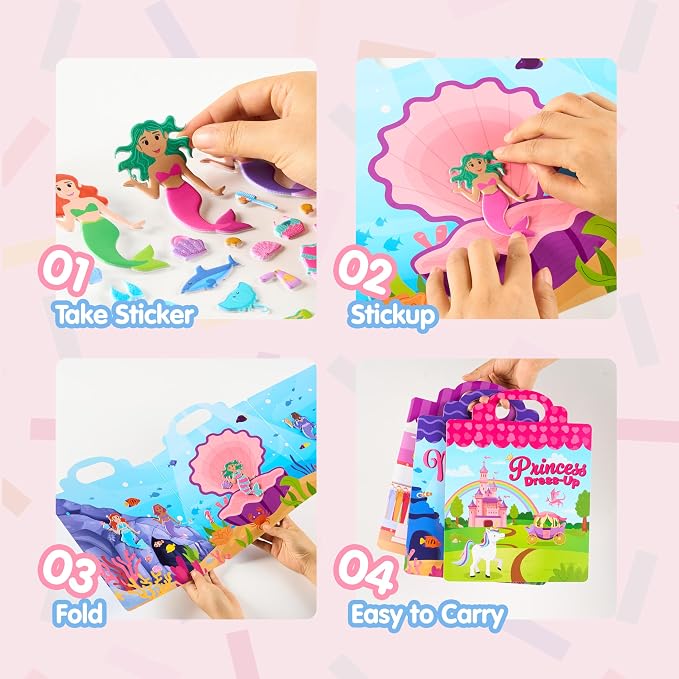 JOYIN 3-Pack Dress-Up Reusable Sticker Book for Toddlers, 3D Sticker Book for Kids 3 4 5, Travel Essentials, Airplane Activity Toys, Crafts Gifts, Birthday Gifts - Fashion, Mermaid, Princess