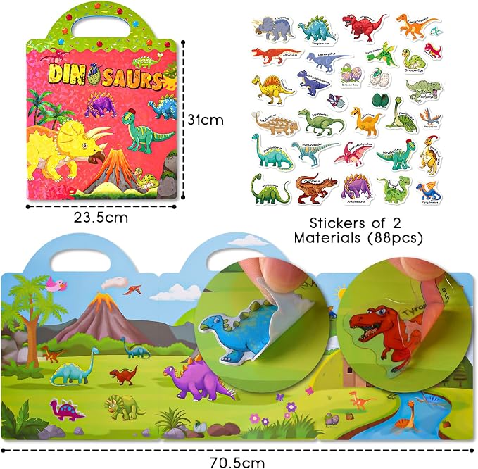 ASTARON Reusable Sticker Book for Toddlers, 88 Pcs Dinosaur Stickers Road Trip Activities Car Airplane Activities Travel Toys for Kids, Kids Quiet Time Activities (2-6 Age) | 88 pcs Reusable Sticker,Waterproof Jelly Stickers, Portable Travel Toys,Educa...