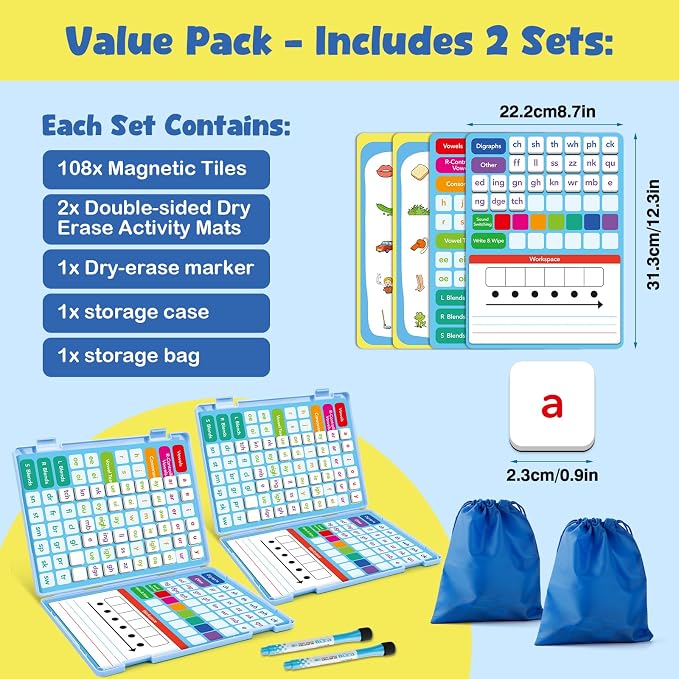 Aizweb 2 Pack Phonics Letter Tiles Set,All-in-one Phonics Kit,Reading &Spelling Games with Dry-Erase Boards&Storage Case,Phonics Games for Preschool& Kindergarten Classroom Learning