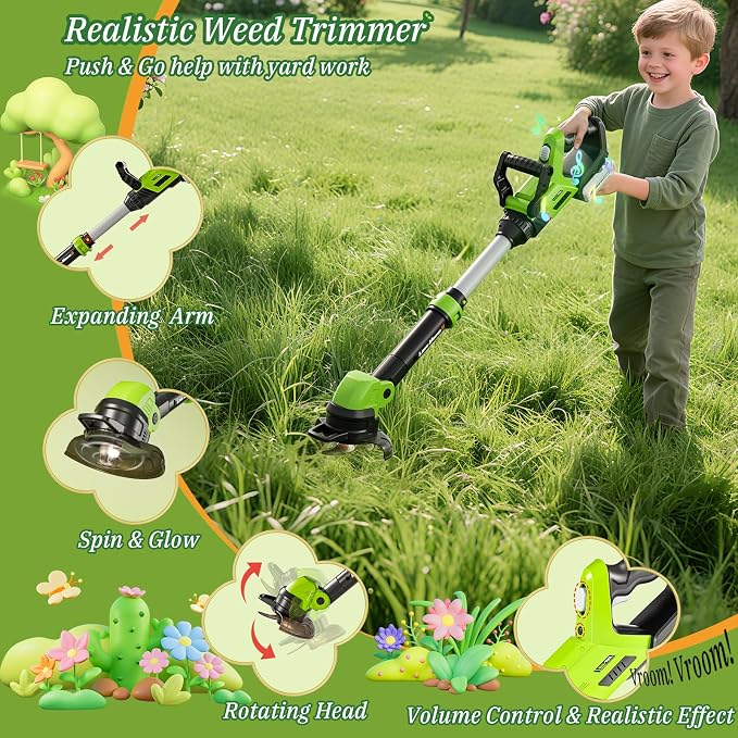 Kids Toy Tool Set, 3-IN-1 Power Garden Lawn Tools with Sounds & Lights, Volume, Toy Weed Wacker, Leaf Blower&Hedge Trimmer, Outdoor Play Toy Tools, Christmas Birthday Gifts for Boy Toys 3 4 5 6 7 8+