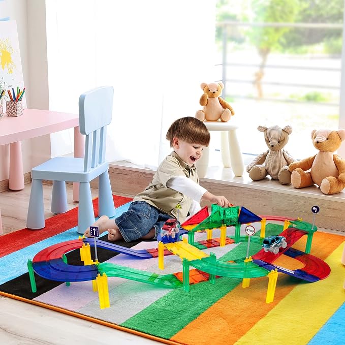 PicassoTiles 50 Piece Race Car Track, Magnetic Tiles STEM Set with LED Cars | 16 pillars, 4 ramps build multi-layer elevation, BPA-free non-toxic materials, sparks STEAM creativity, expands collection