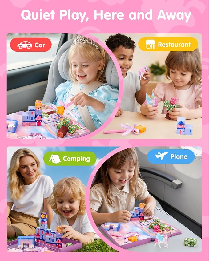 hahaland Unicorn Magnetic Blocks Travel Set Toy for Kids Ages 3-8, 50 Pcs | Includes Portable Magnetic Case, 2 Unicorn Figures, Magnetic Wand, 46 Pcs Mini Magnetic Cubes, Castle STEM Building Toy