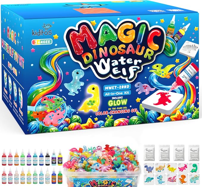 Kiditos Magic Water Elf Toy Kit for Kids, Dinosaur-Themed, DIY Craft Kit | 20 Gels & 10 Molds, Make Your Own Magic Water Pets, STEM Science Activity, Party Favors & Birthday Gifts for Kids Ages 3+