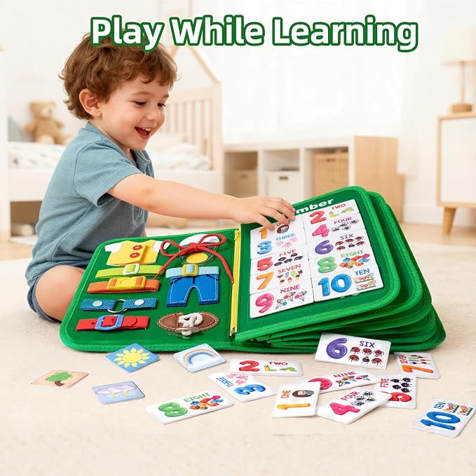 Toddler Busy Board Montessori Toys for Kids, Educational Learning Busy Book | 24 in 1 Toddlers Sensory Motor Skills Activity ,12-Page Quiet Travel Toy for Car Airplane, Boy Girl Birthday Gifts (Dinosaur)