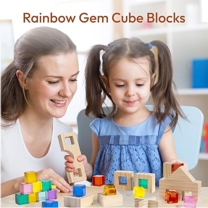 Woodtoe 47 PCS Rainbow Blocks Set, Wooden Building Blocks for Kids Ages 3-6 | Montessori Stacking Blocks Toys, 25 Gem Blocks, 22 Wooden Blocks, Educational STEM Creative Birthday Toys Gifts for Boy Girl
