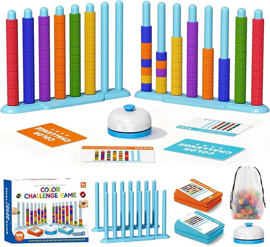 Color Challenge Game – 2 Pack Color Matching Game for Family Game Night and Parties, Board Games for Kids 6-8-12 & Adults, Stacking Game with 2 Stack Racks, 100 Cards, 120 Rings, Bell, Storage Bag‌