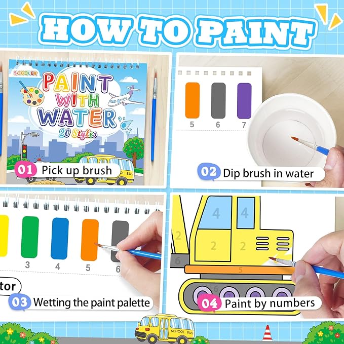 SOCOLER Paint with Water Coloring Books for Toddlers, Traffic Theme Mess Free Watercolor Painting Papers for Kids Water Color Paint Kit Art Craft Birthday Gift for Ages 1-3, 4-8