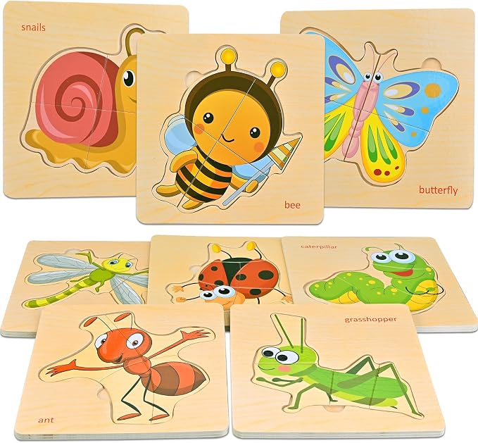 Faburo Wooden Puzzles for Toddlers 1-3, 8pcs Shapes, Insect Animal Themed Montessori Toys for 1 Year Old Learning, Educational Preschool Toys for Boys Girls | Montessori Toys for 1 Year Old Learning, Educational Preschool Toys for Boys Girls