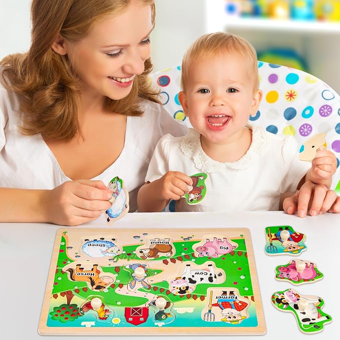 SYNARRY Wooden Puzzles for Toddlers 1-3, 6XSET Animals Puzzles for Toddlers 2-4 with Rack, Toddler Puzzles Ages 2-4, Kids Learning Educational Montessori Toys, Education Toys for 2 3 Years Boys Girls