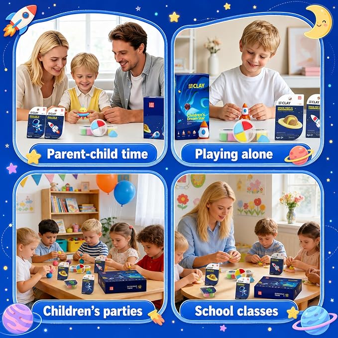 Air Dry Clay Kit -12 Space Theme Modeling Clay for Kids Arts and Crafts | Ultra Light & Soft,Safe & Non-Toxic,No-Sticky & Crack,DIY Molding Clay with Sculpting Tools,Party Favors Gifts for Girls Boys