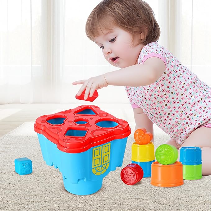 iPlay, iLearn Baby Stacking Cup Toy, Toddler Stackable Block w/Shape Sorter | Infant Stackable Cups Montessori Learing Nesting Sorting Game, Kids Bath Toy Birthday Gift 12 18Month 1 2 3 Year Old Boy Girl