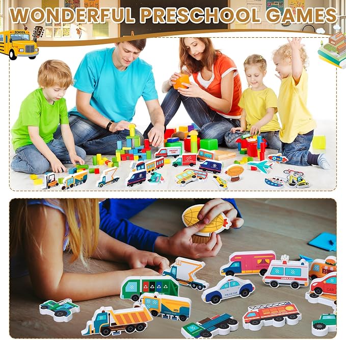 Kathfly 36 Pcs Wooden Community Helpers Vehicles, Career Figures Toy | Multicultural Career Blocks for Social Emotional Learning, Creative Play Figures, Preschool Classroom Teaching Wooden Set
