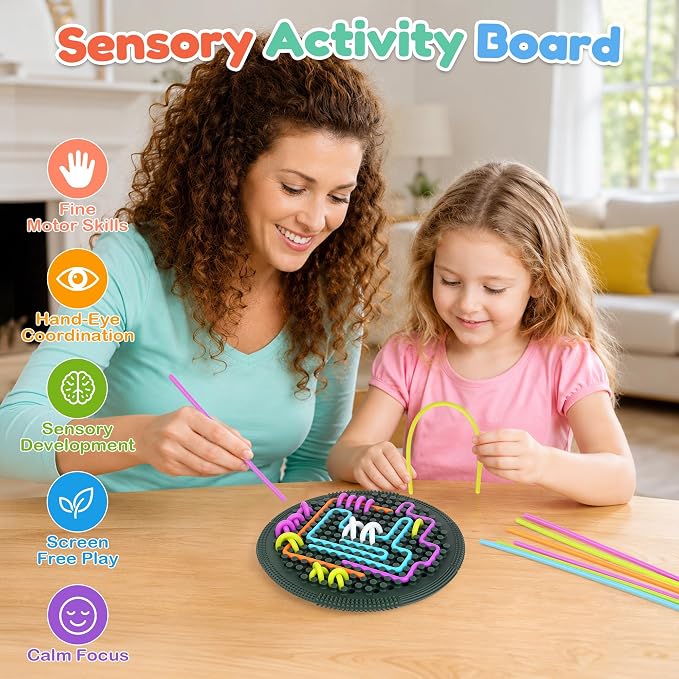 Sensory Activity Board, Silicone Fine Motor Skills Fidget Toys for Kids | Silicone Sensory Toys for Calming, Stress, Anxiety, ADHD & Autism Fidget Pads Includes Portable Travel Bag & 25 Strings