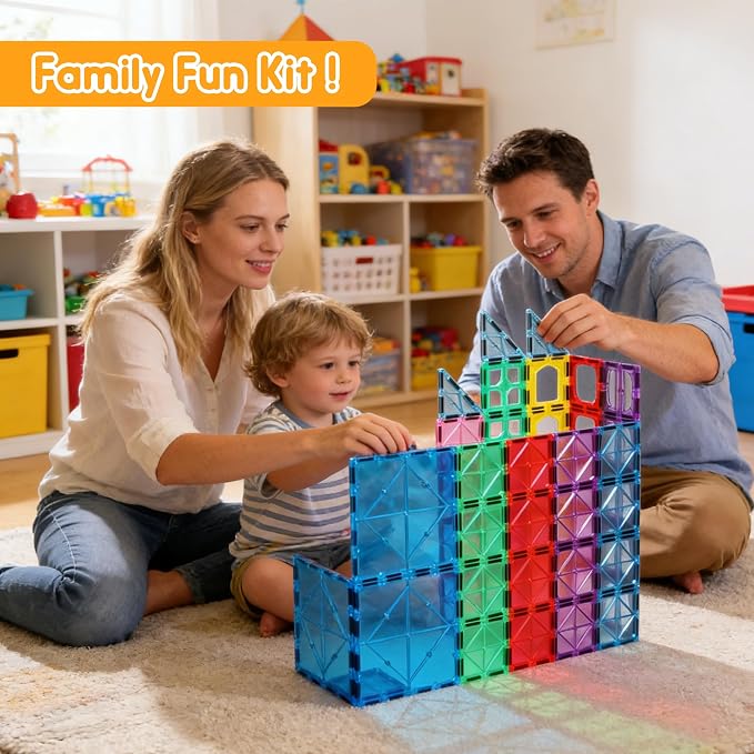 Antibacterial Magnetic Tiles 124PCS with 4 XL Squares, STEM Toy | Bacteria Resistant, EPA-registered, Toddler-Safe, 3D Large Construction Education Building Blocks Set, Clean Play for Kids