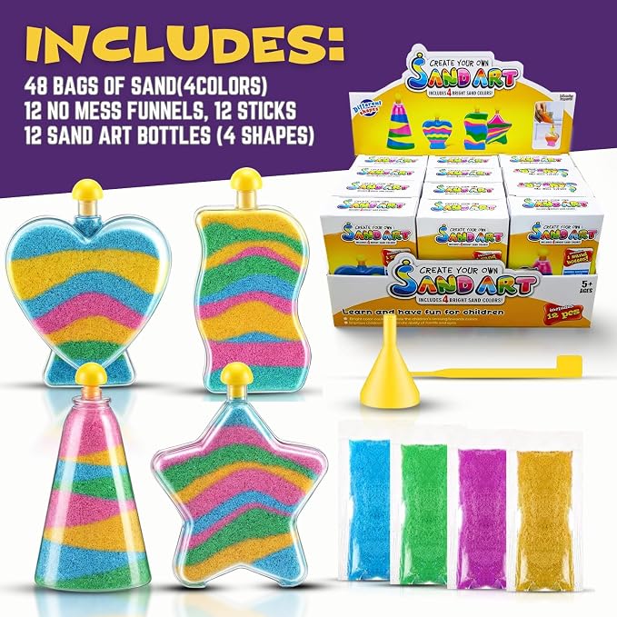 Liberty Imports Sand Art Kits for Kids - Create Your Own Colored Sand Art, Includes Bottles, Funnels, Sticks, Bags of Sand for Arts and Crafts, Schools, Birthday Party Favors Bulk (12 Pack)