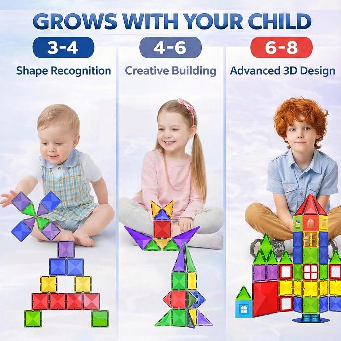 Magnetic Tiles Building Blocks Toy - STEM Educational Magnet Set for Kids, Creativity Preschool Learning Sensory Montessori Toddler Toys for Boys & Girls 3+ Years Old - 57PC