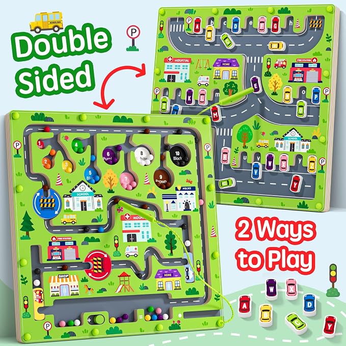 rifamee 2 in 1 Magnetic Color and Number Maze Magnet Alphabet Counting Double Sided Board Wood Puzzle Fine Motor Skills Montessori Preschool Toys Gifts for Boys and Girls 3-5 Age (Big Car, One Size)