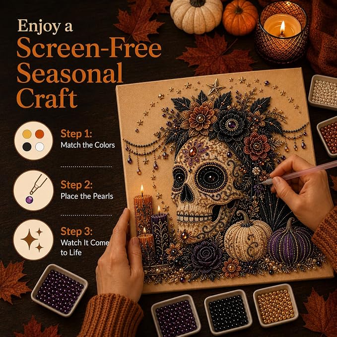 Halloween Pearl Art Kit for Adults, DIY Fall Craft (Skull) | Create textured Halloween decor through a screen-free, beginner-friendly craft activity.