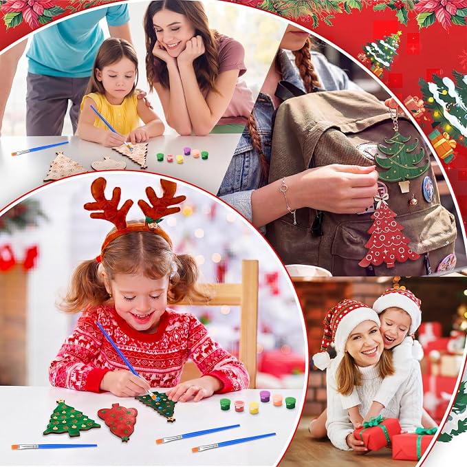 Saypacck 24 Pcs Christmas Tree Party Favors Wooden Paint Craft Kits | Includes Brushes Paints, Christmas Tree Designs, Organza Bags for Goodie Bag Fillers, Christmas Stocking Stuffer Gifts