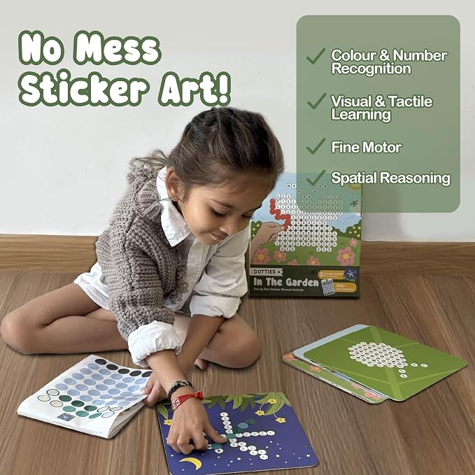 BINCA Dotties Dot Art Activity Kit, 1500+ Stickers, 8 Garden Animals Mess-Free Activities, DIY Dot Sticker Art, Kids Travel Activities, Gifts for Boys & Girls Ages 4,5,6,7